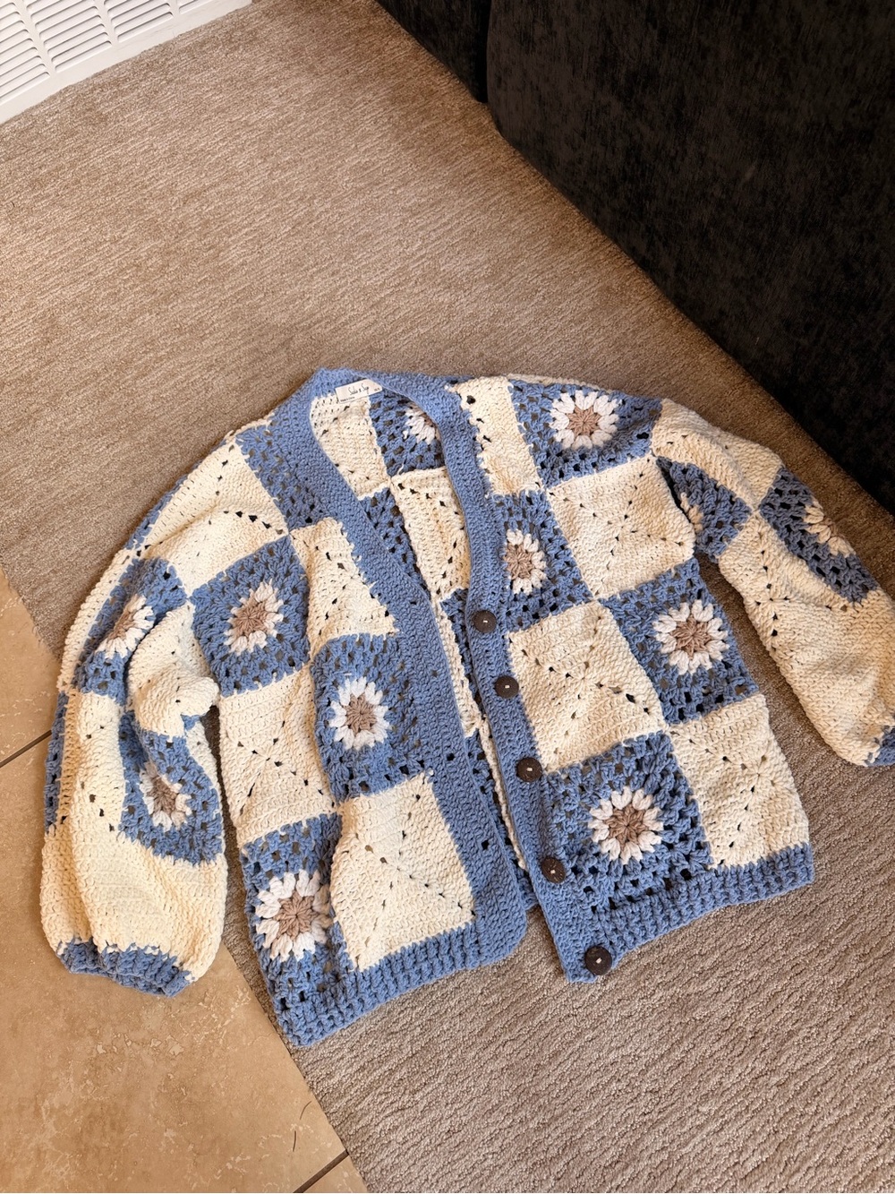 Lulu's Blue and Cream Crochet Patchwork Cardigan